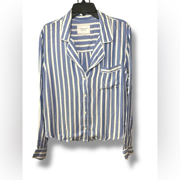 NWOT Rochelle Behrens The Shirt Top Sz XL Blue White Striped Button Pajama Set - Picture 1 of 14